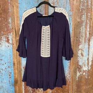 Indigo Soul Navy Boho Top with Lace Trim